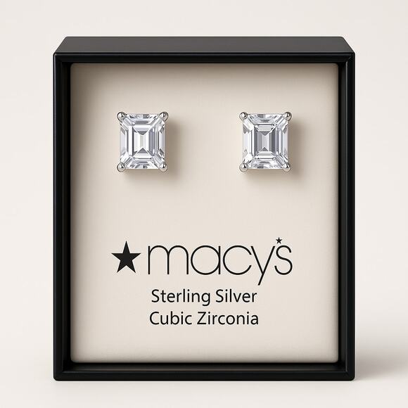 Macy’s Sterling Silver Emerald Cut CZ Stud Earrings NWT - Picture 1 of 4